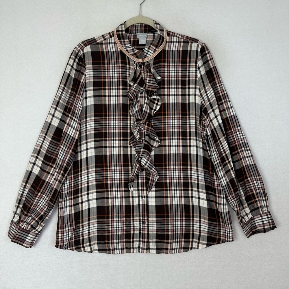 Chico's Checkered Ruffle Blouse - Black, White, Brown
